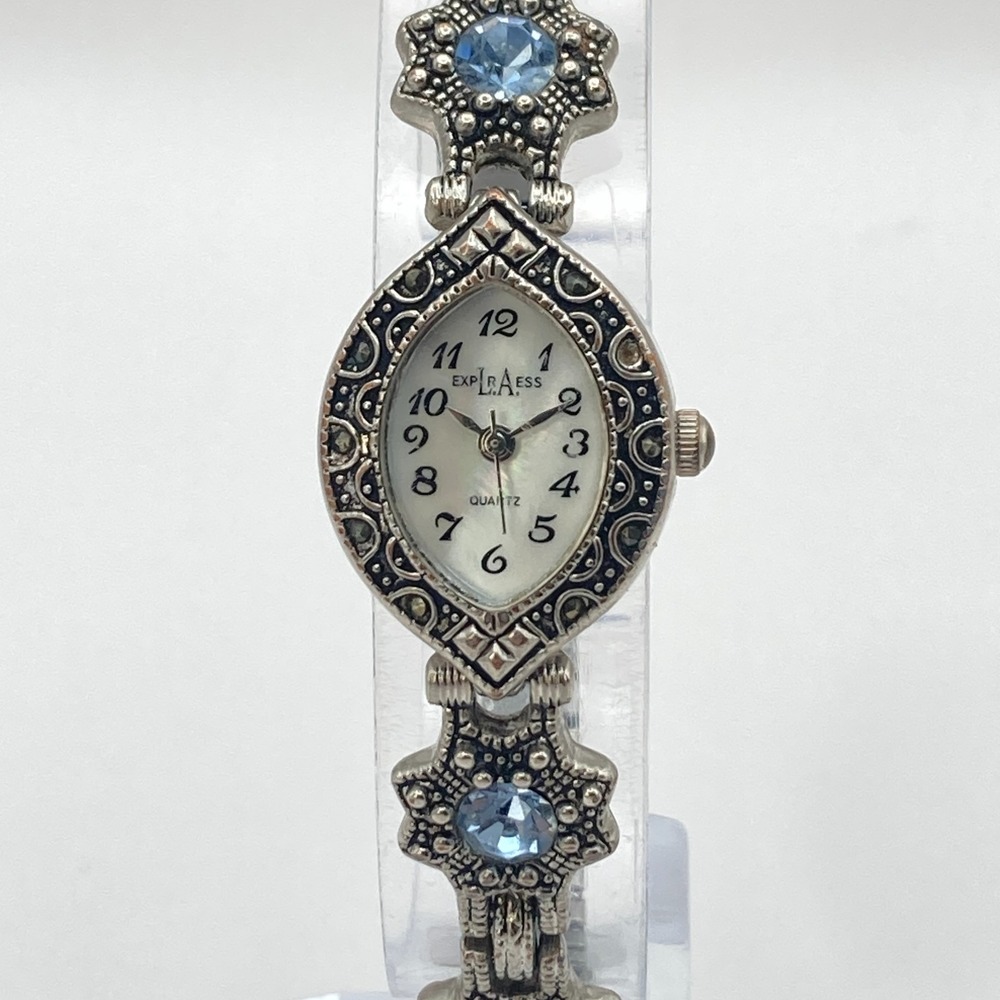 Vtg LA Express Women's Watch MISSING STONE Silver Tone Blue Crystals New Battery